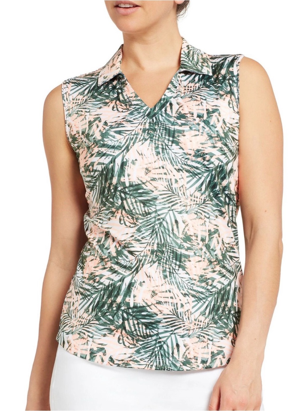Lady Hagen Tropical Palm-Print Sleeveless V-Neck Golf Polo Top